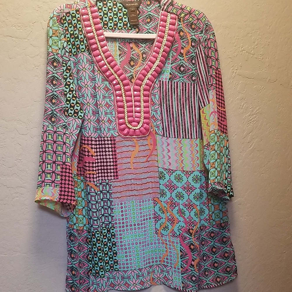 MULTIPLES, L, Pink & Aqua 3/4 Sleeve Blouse, 100%Poly, NWOT. # 2546